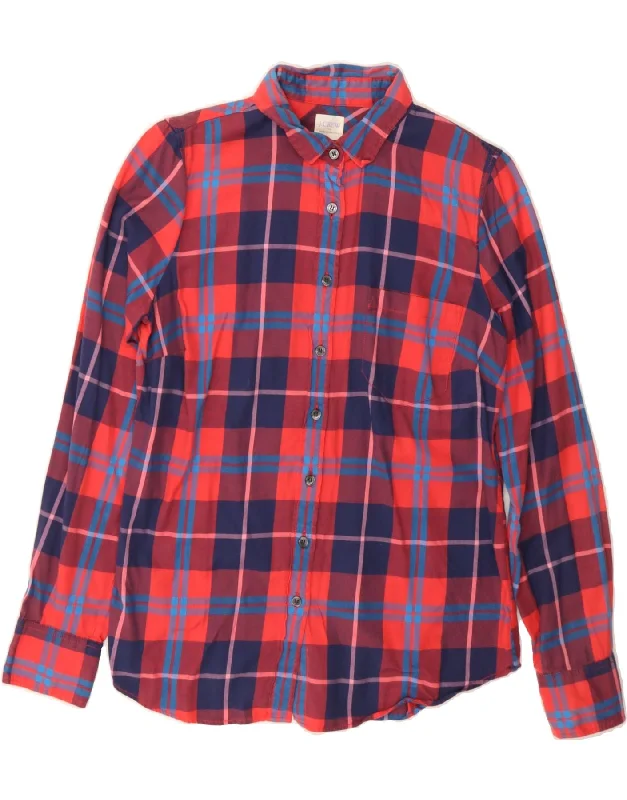 J. CREW Womens Perfect Fit Shirt UK 10 Small Red Check Cotton-- Satin Blend Silk Blend Wool Blend