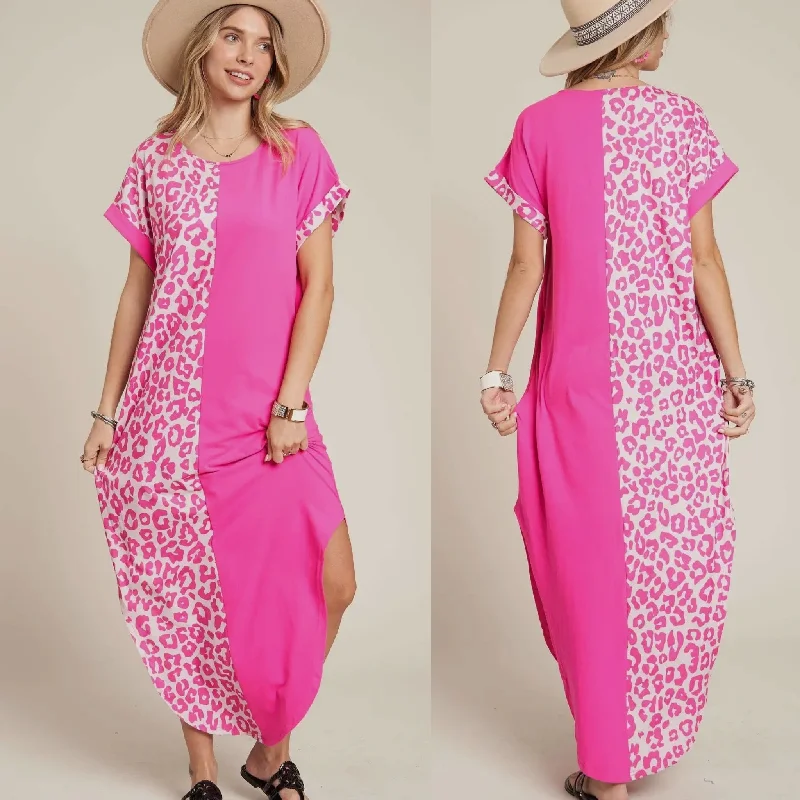 Leopard Print T-shirt Dress-- Fitted T-Shirt Seamless Stretchy