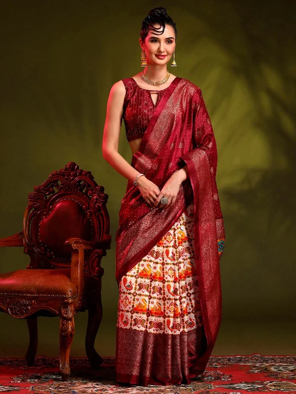 Saree Mall Women's Dola Burgundy Printed Designer Saree With Blouse Piece-RAJWADI02E Semi-Sheer Blouse Saree Mall Women's Dola Burgundy Printed Designer Saree With Blouse Piece-RAJWADI02E Semi-Sheer Blouse