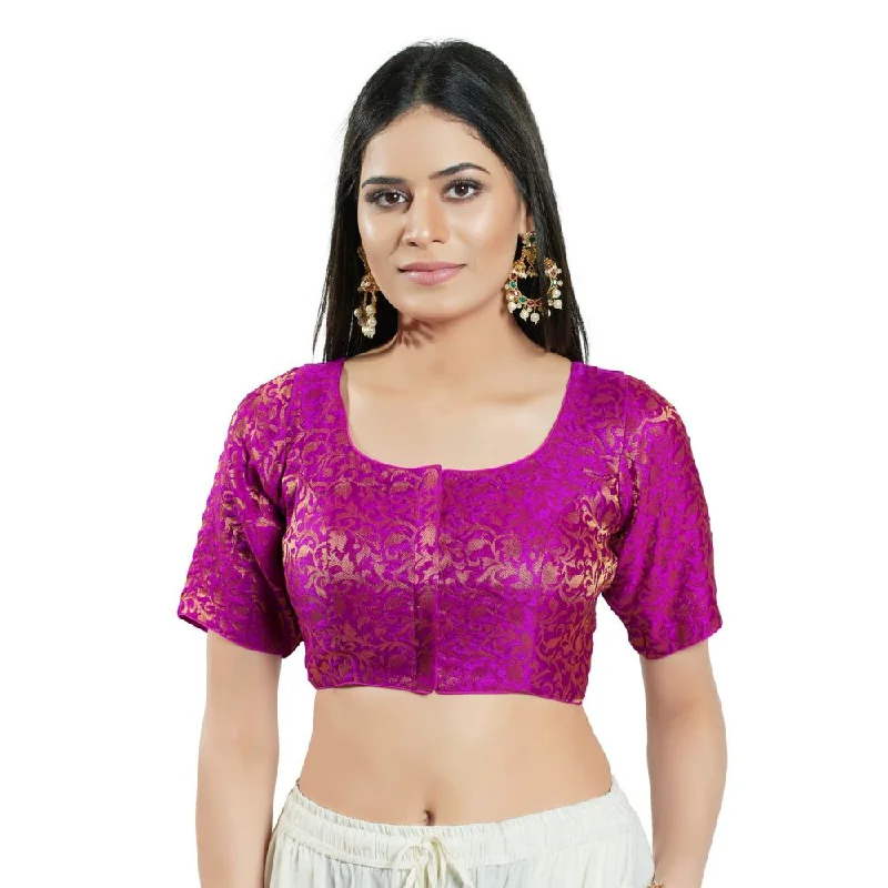Purple Brocade Woven Design Elbow Sleeve Blouse Classic Striped Blouse