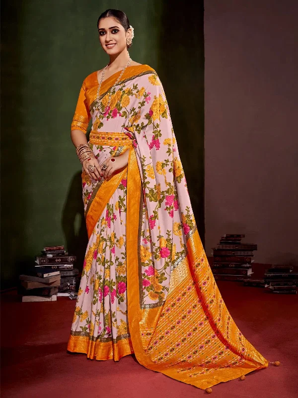 Saree Mall Women's Tussar  Off White Printed Designer Saree With Blouse Piece-ANUSRM1004 Peter Pan Blouse