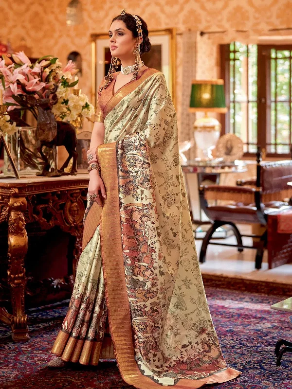 Saree Mall Women's Manipuri  Cream Printed Designer Saree With Blouse Piece-MORPNKH103 Elegant Lace Blouse