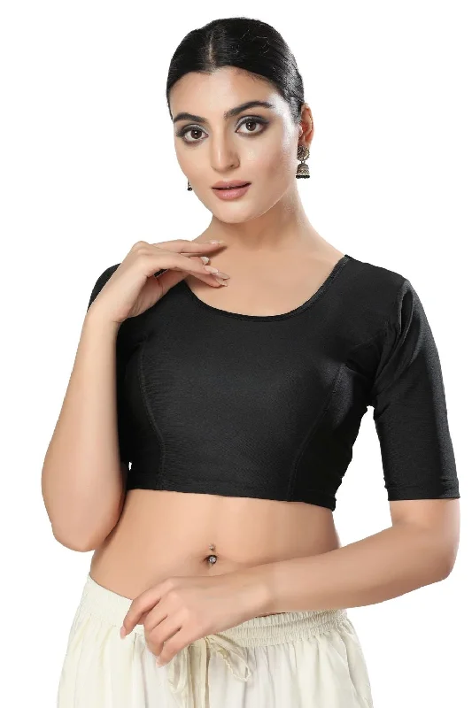 Black Polyester Solid Short Sleeves Blouse Smart Business Blouse