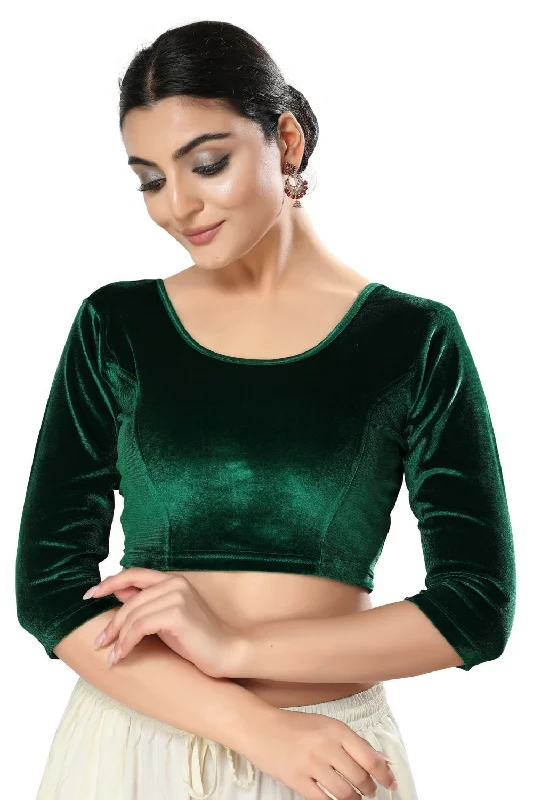 Green Velvet Solid Three-Quarter Sleeves Blouse High Neck Blouse