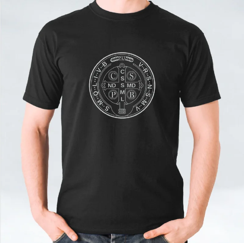 St Benedict Medal Unisex T-shirt - White/Black/Maroon-- Print Jacquard Patchwork