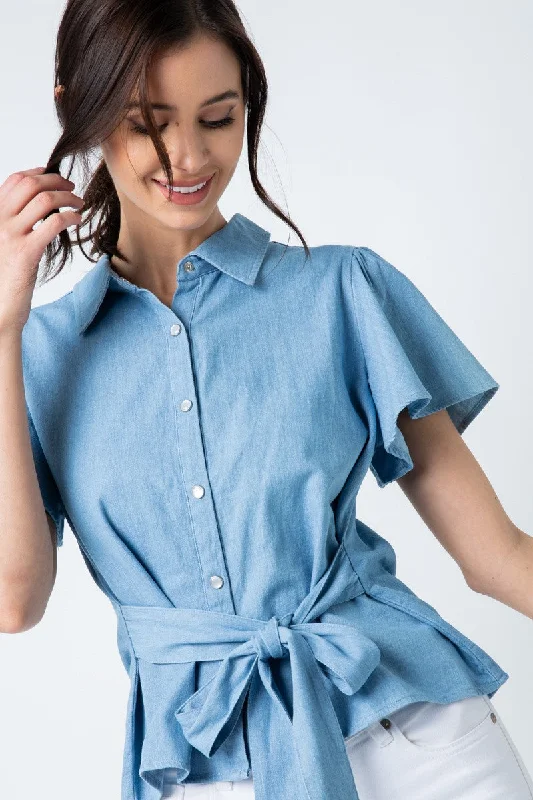 FLUTTER SLEEVE FRONT TIE SHIRT-- Asymmetrical Pockets Print