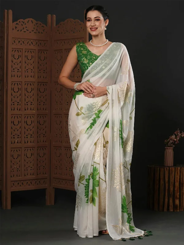 Saree Mall Women's Georgette White Printed Designer Saree With Blouse Piece-DIPIKA101 Asymmetric Hem Blouse