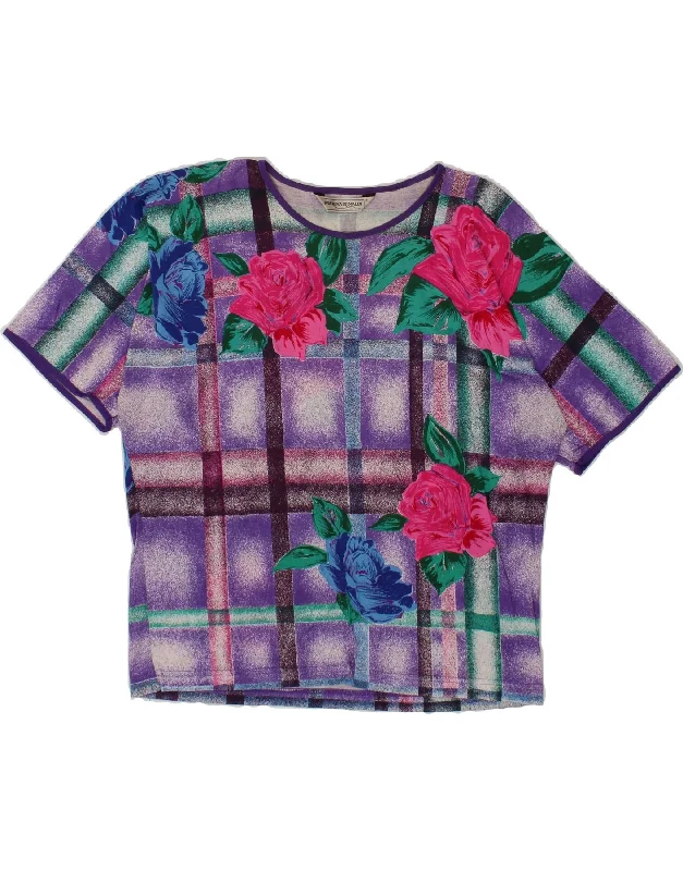 MARINA RINALDI Womens Graphic T-Shirt Top Size 19 Small Purple Floral-- Mesh Blend Leather Blend Suede Blend