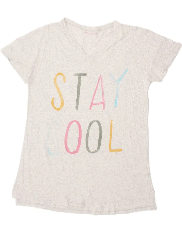BENETTON Womens Graphic T-Shirt Top UK 14 Medium White Cotton-- Notch Collar Peter Pan Collar Cowl Neck