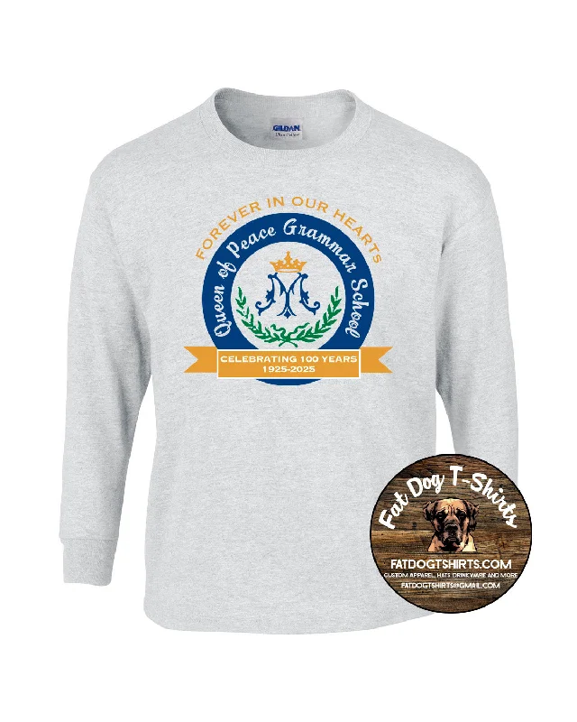 QUEEN OF PEACE 100 YEARS  LONG SLEEVE T-SHIRT-YOUTH/ADULT ASH GREY-- Solid Print Embellished