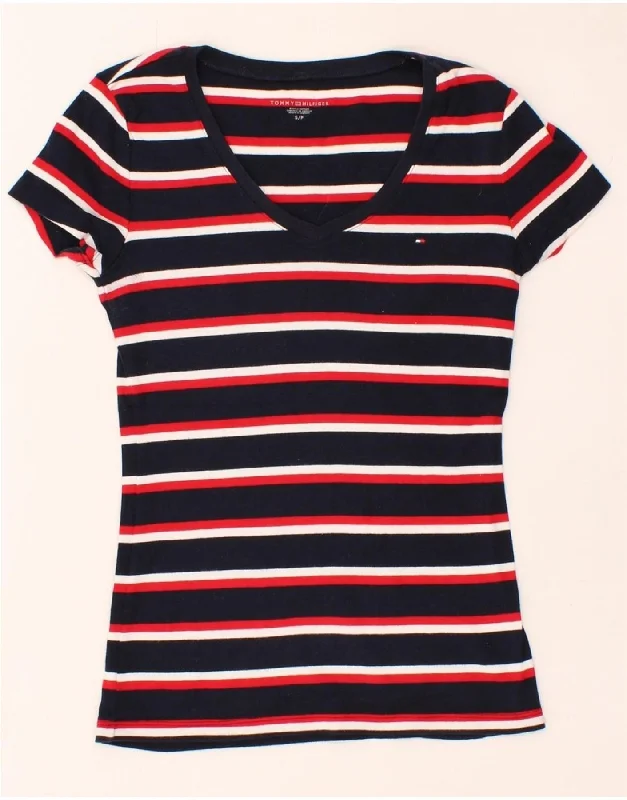 TOMMY HILFIGER Womens T-Shirt Top UK 8 Small Navy Blue Striped-- Fitted T-Shirt Seamless Stretchy