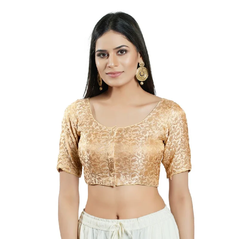 Light Gold Brocade Woven Design Elbow Sleeve Blouse Chic Square Blouse