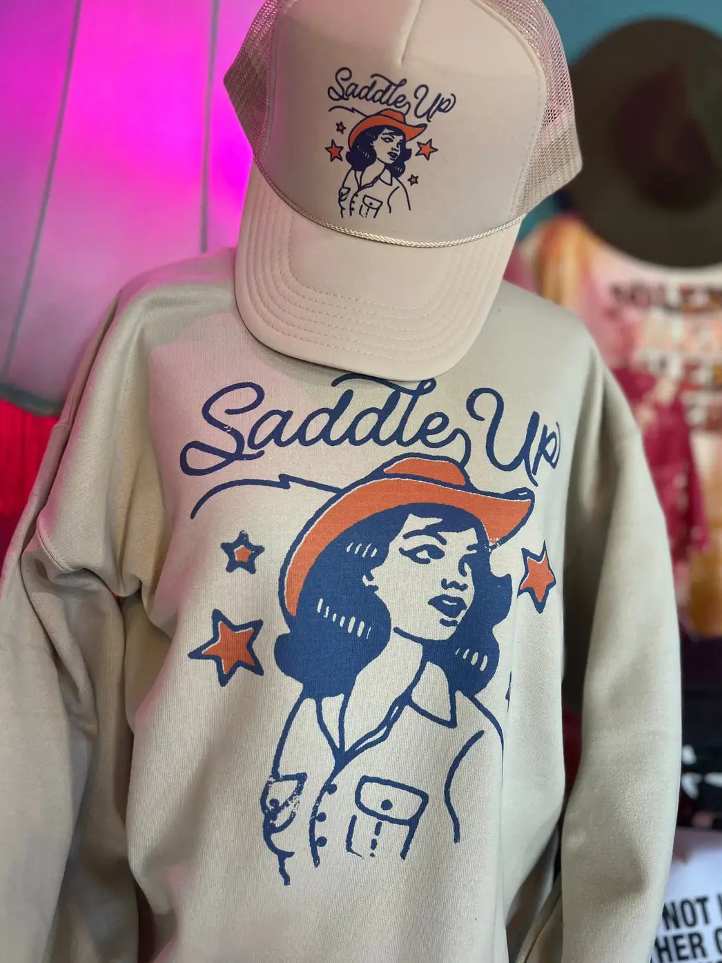 Saddle Up Cowgirl Graphic T-Shirt - Cream-- Terry Blend Velvet Blend Canvas Blend