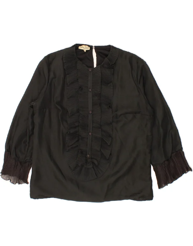VINTAGE Womens Crop Ruffle Front Blouse Top IT 44 Medium Black Wrap Front Blouse