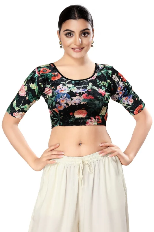 Black Velvet Printed Short Sleeves Blouse Feminine Satin Blouse