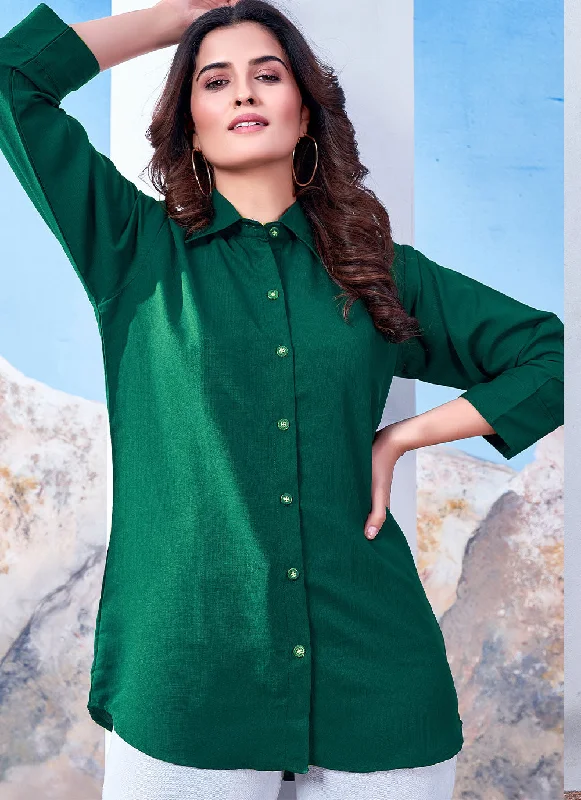 Green Cotton Solid Collared Casual Shirt For Women-- Welt Pockets Slit Pockets