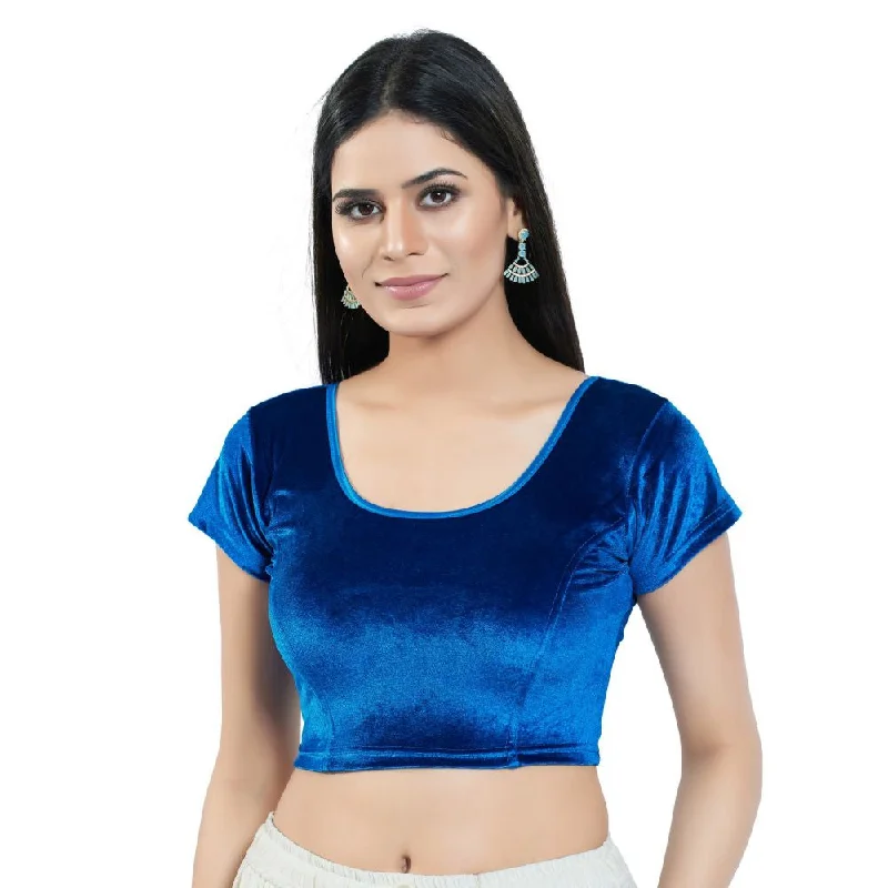 Royal Blue Velvet Solid Short Sleeves Blouse Polished Work Blouse