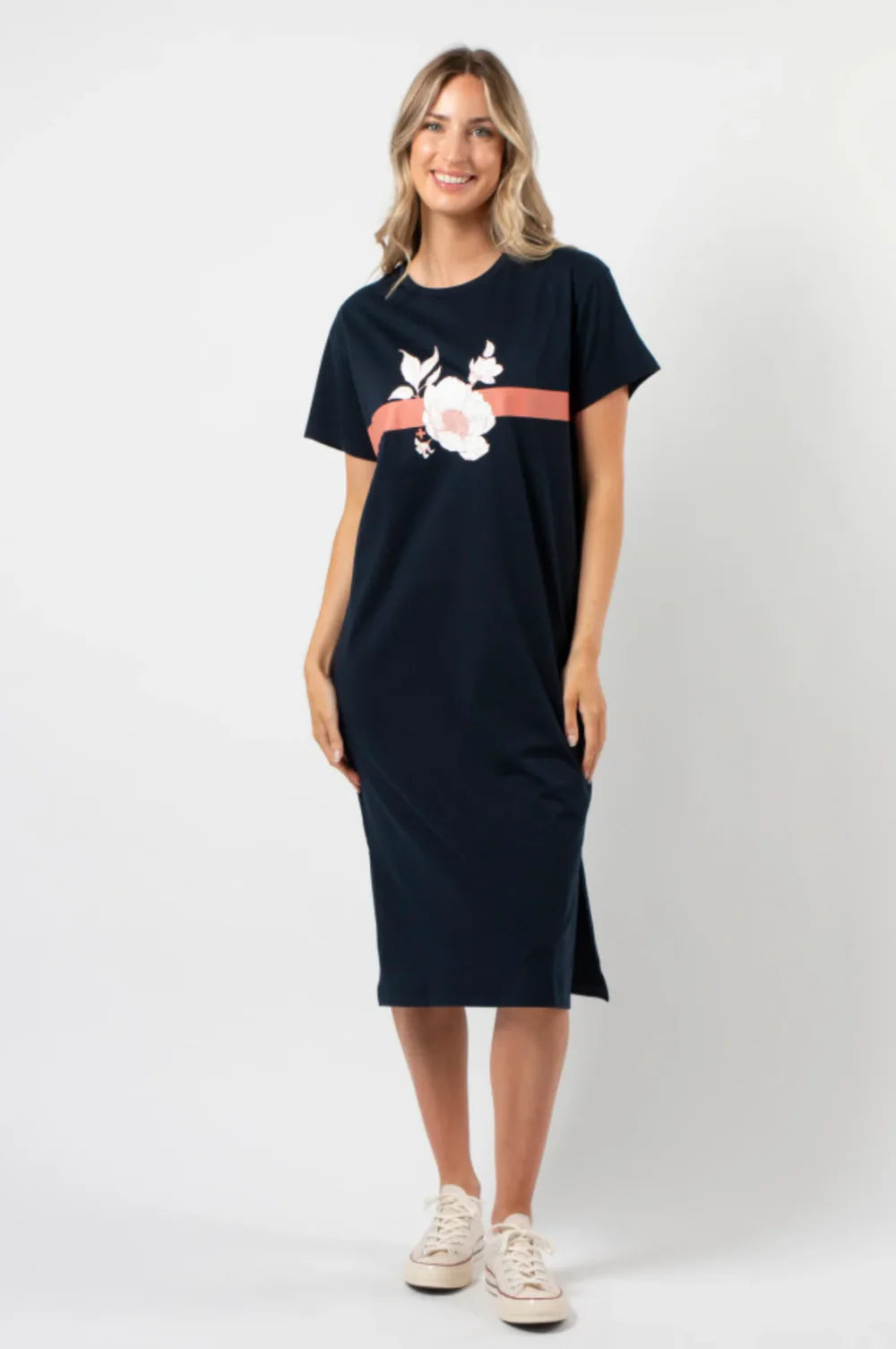 Maxie T-Shirt Dress Navy Rose with Stripe-- Chenille Brocade Lace