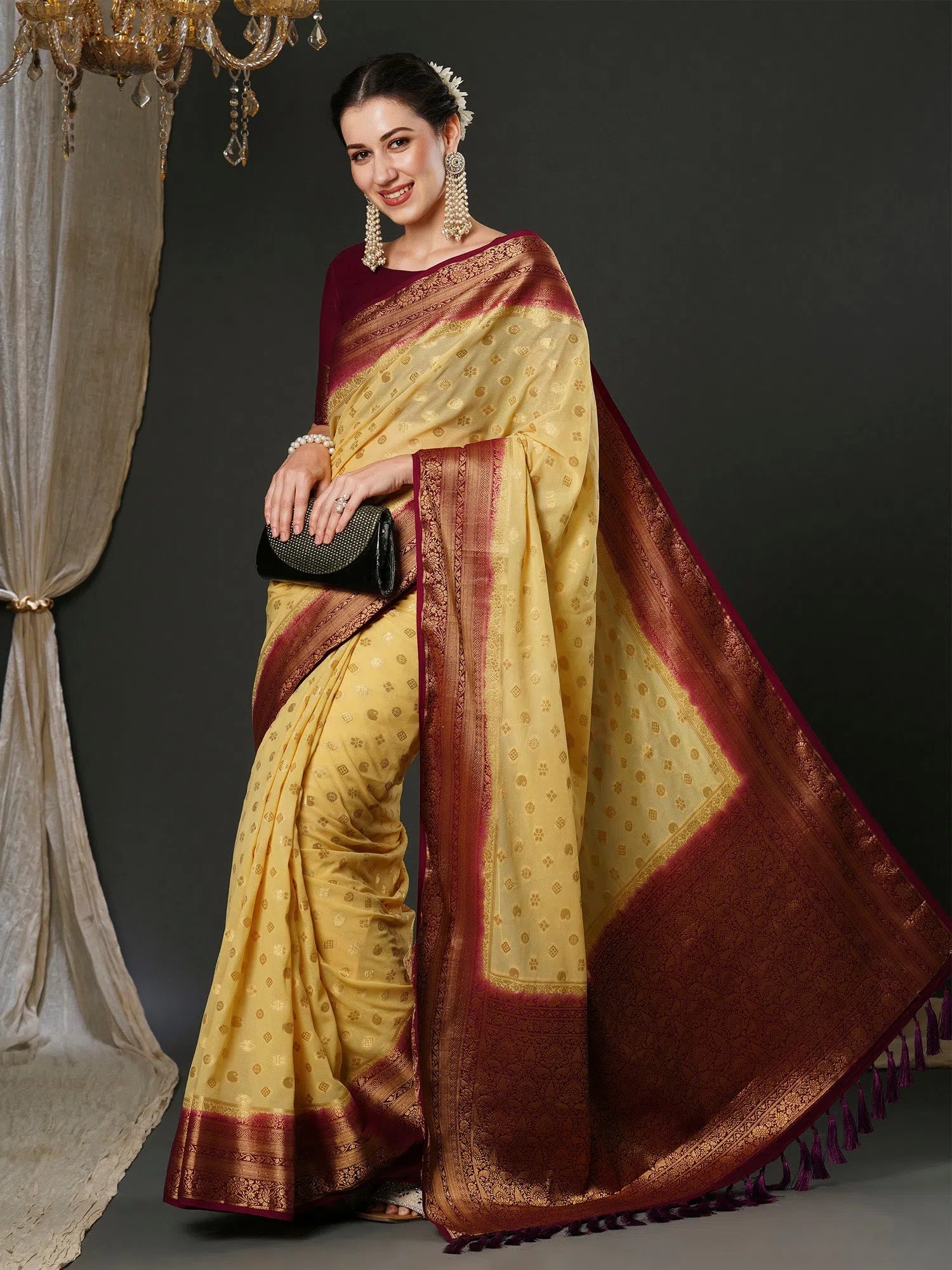 Saree Mall Women's Georgette Cream Woven Design Designer Saree With Blouse Piece-34ALEKHA3401 Pleated Collar Blouse
