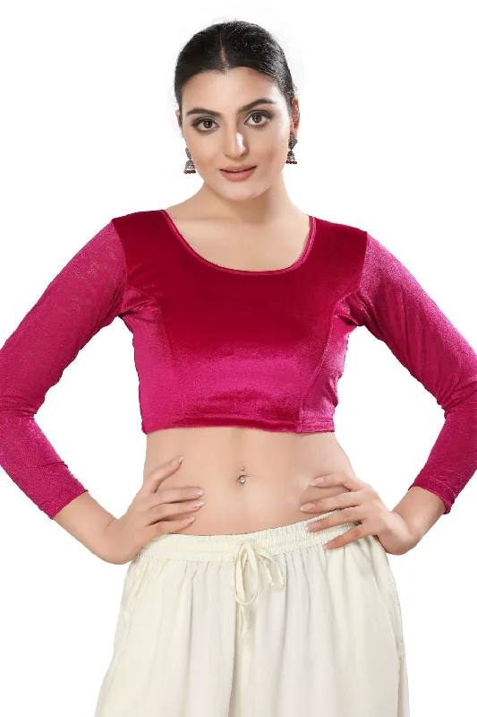 Pink Velvet Solid Long Sleeves Blouse Satin Long Blouse