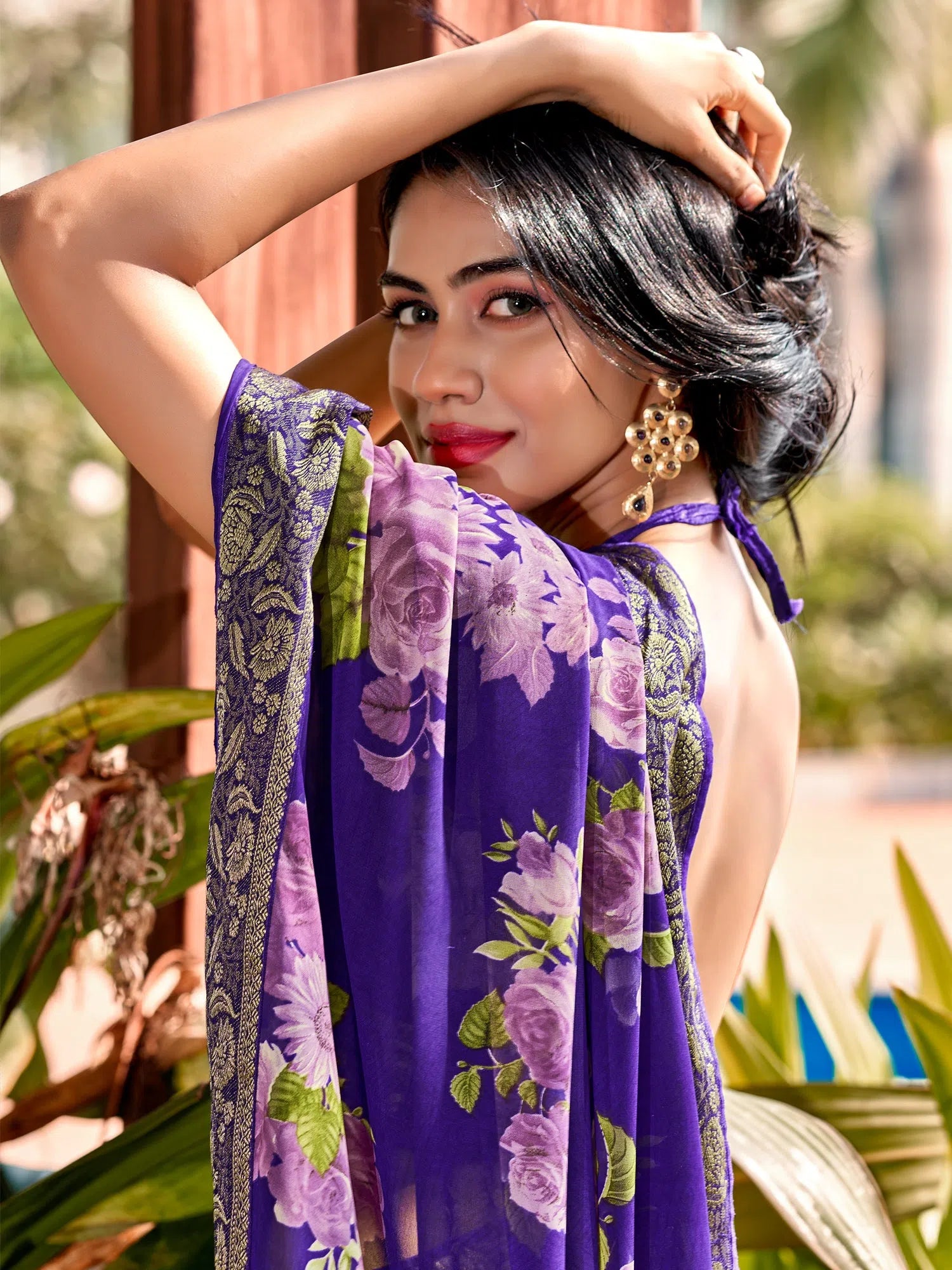 Saree Mall Women's Georgette Violet Embellished Designer Saree With Blouse Piece-FULDANI1007 Feminine Tie Blouse