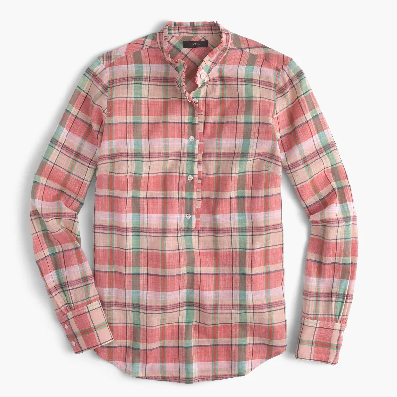 Ruffle popover shirt in melon plaid-- Houndstooth Herringbone Solid