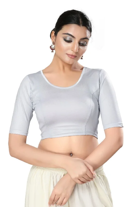 Silver Polyester Solid Short Sleeves Blouse Asymmetric Hem Blouse