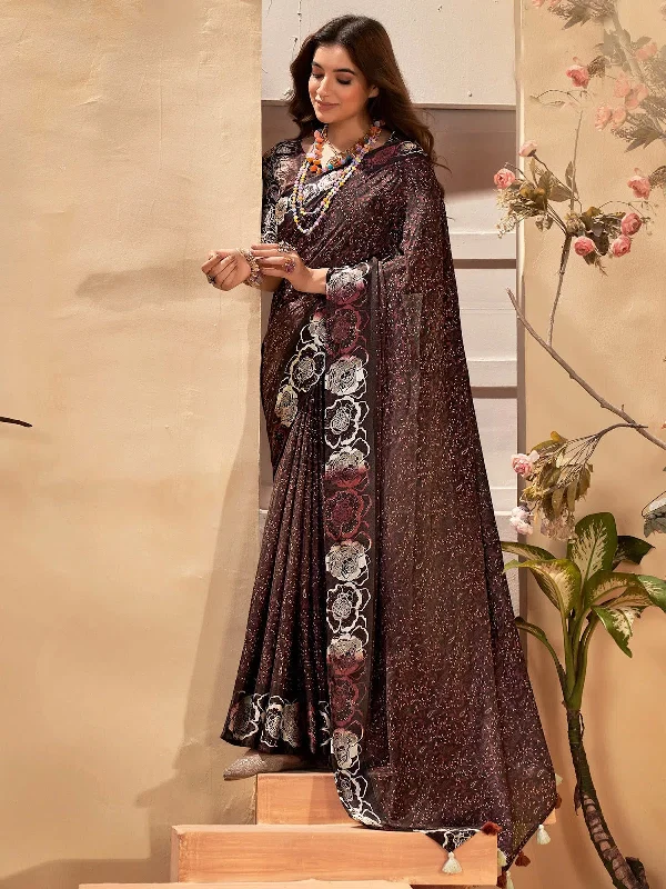 Saree Mall Women's  Blend Burgundy Printed Designer Saree With Blouse Piece-SANTONI108 Ruffled Neck Blouse