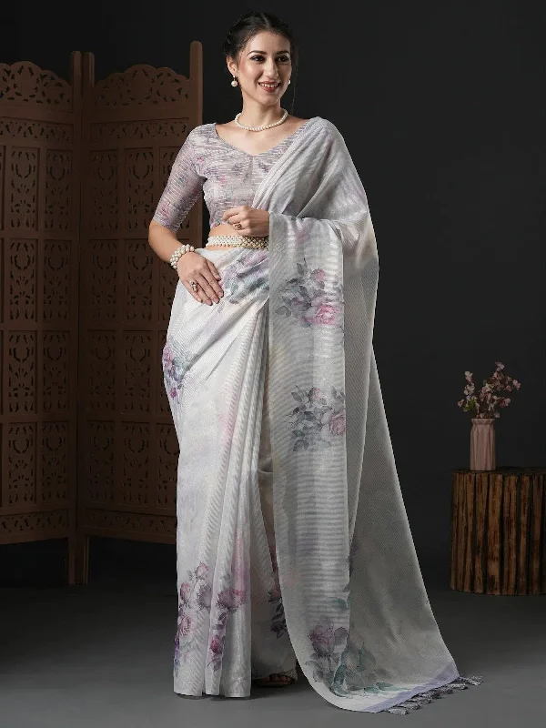 Saree Mall Women's Organza White Printed Designer Saree With Blouse Piece-SANKARI204 Loose Fit Blouse Saree Mall Women's Organza White Printed Designer Saree With Blouse Piece-SANKARI204 Loose Fit Blouse