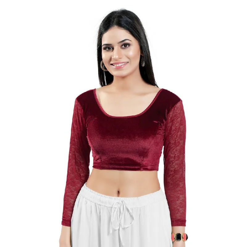 Maroon Velvet Solid Long Sleeves Blouse Subtle Shimmer Blouse