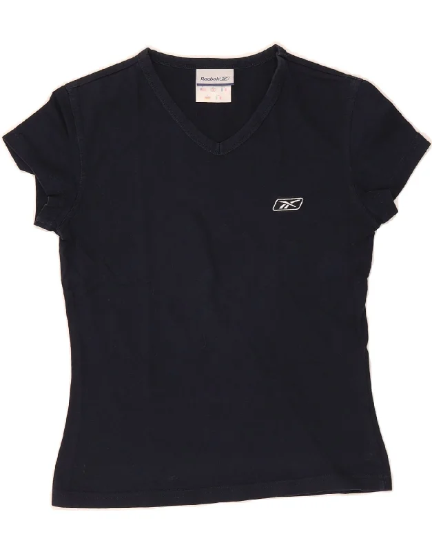 REEBOK Womens T-Shirt Top UK 10 Small Navy Blue Cotton-- Cotton Fabric Linen Fabric Terry Fabric