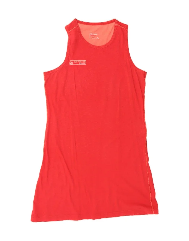 CHAMPION Womens Sleeveless T-Shirt Dress UK 18 XL Red Cotton-- Print Jacquard Patchwork