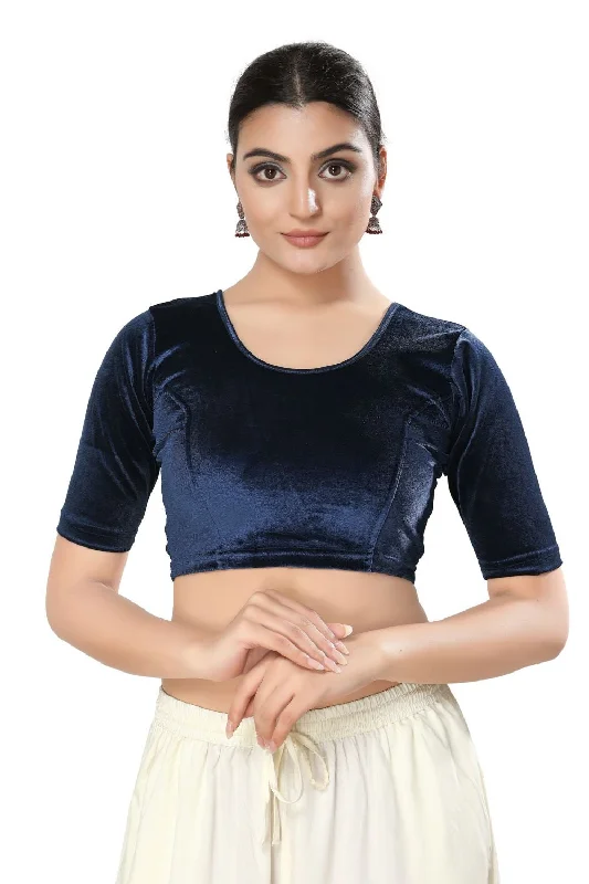 Navy Blue Velvet Solid Short Sleeves Blouse Pastel Color Blouse