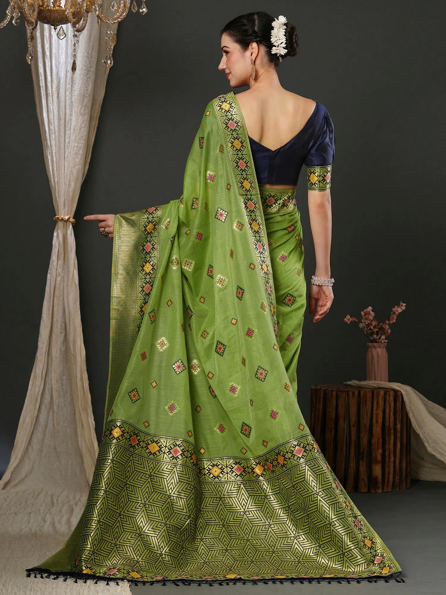 Saree Mall Women's Cotton Green Woven Design Designer Saree With Blouse Piece-MILNO2001 High Neck Blouse Saree Mall Women's Cotton Green Woven Design Designer Saree With Blouse Piece-MILNO2001 High Neck Blouse