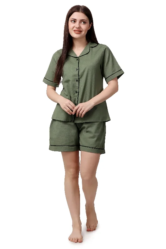 Plain Green Women Shirt & Short Set – 100% Viscose-- Boxy Fit Fitted Loose