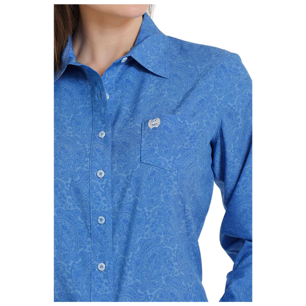 WOMEN'S ARENAFLEX BUTTON-DOWN WESTERN SHIRT - BLUE-- Houndstooth Herringbone Solid
