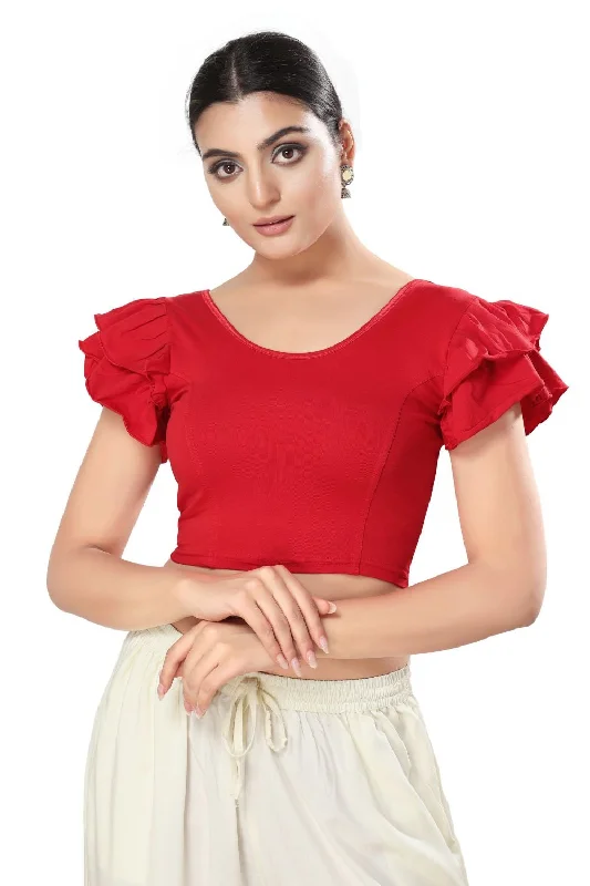 Red Cotton Solid Short Sleeves Blouse Mandarin Collar Blouse