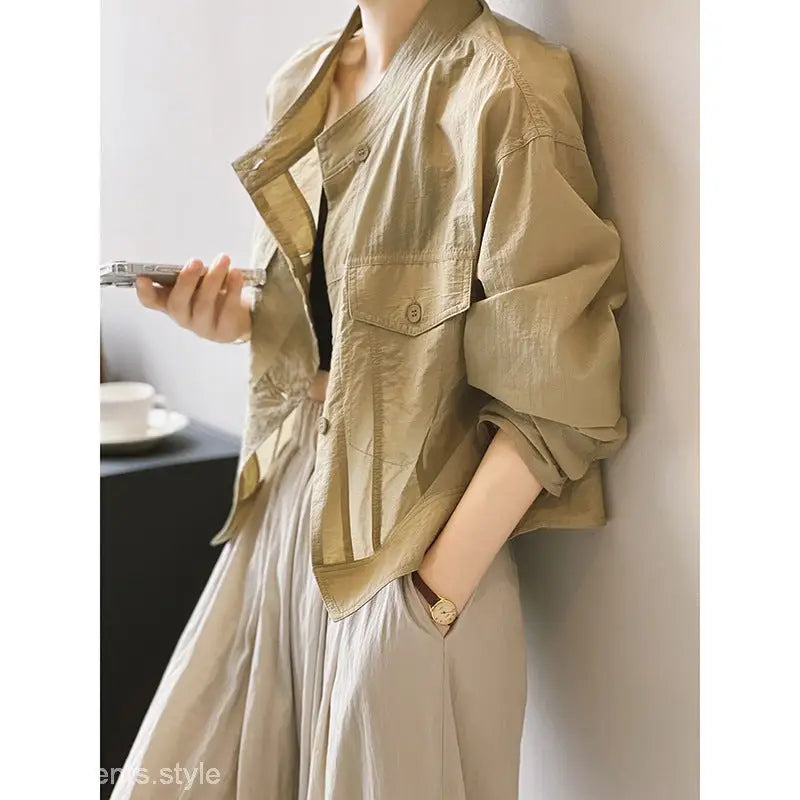 Khaki Green Casual Polyester Shirt-- Elegant Classic Vintage