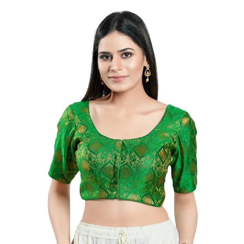Green Brocade Woven Design Elbow Sleeve Blouse Classic White Blouse