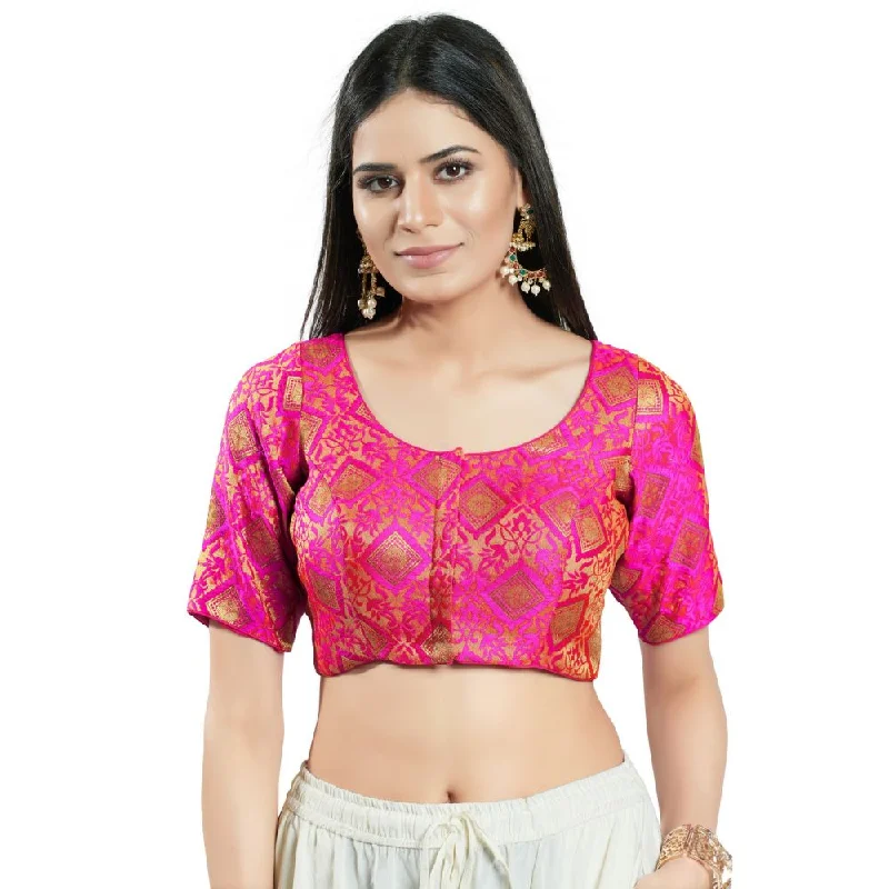 Pink Brocade Woven Design Elbow Sleeve Blouse Silky Tunic Blouse