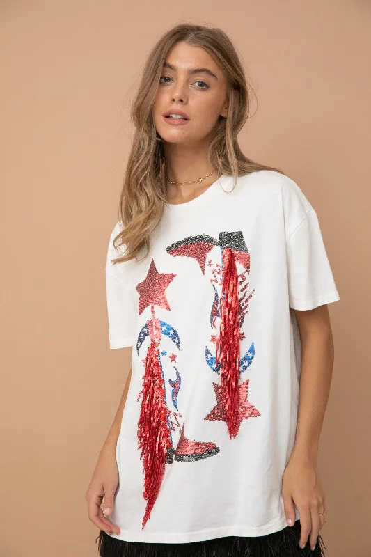SEQUIN COWBOY FRINGE GRAPHIC T-SHIRT -- Basic T-Shirt Crew Neck Short Sleeve