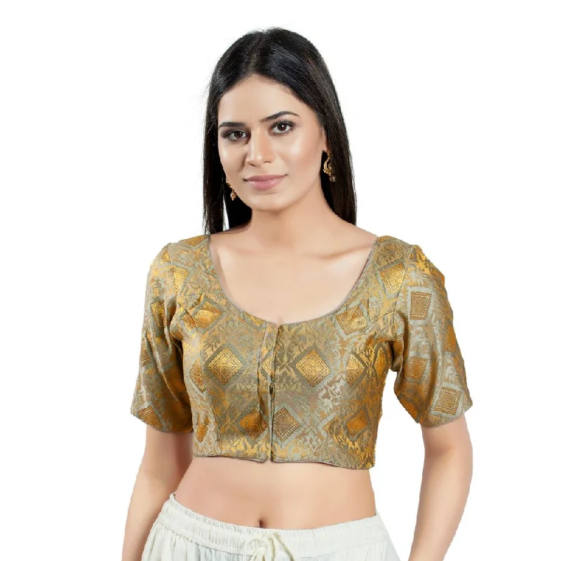 Grey Brocade Woven Design Elbow Sleeve Blouse Chic Wrap Blouse