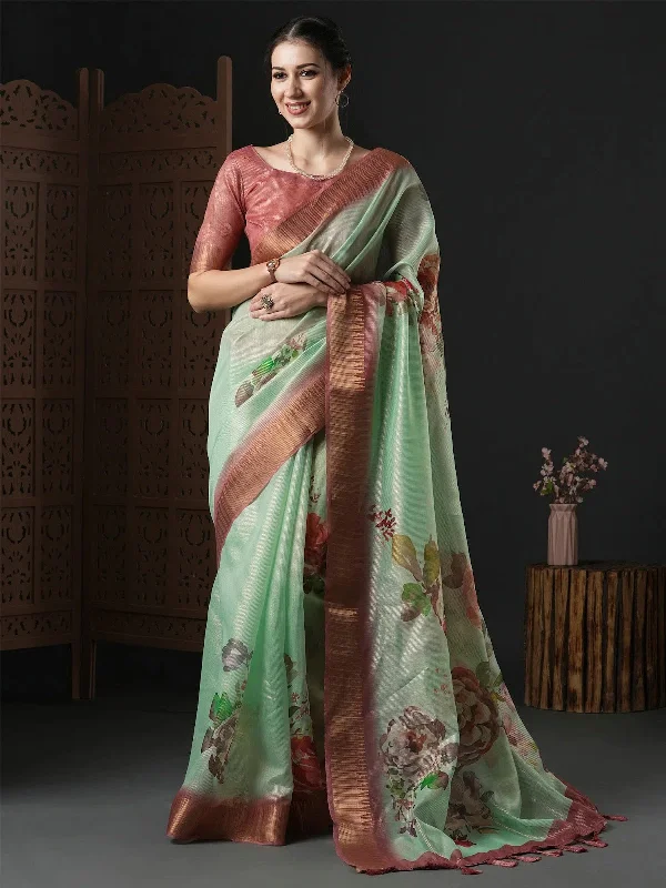 Saree Mall Women's Organza Sea Green Printed Designer Saree With Blouse Piece-SALILA201 Lightweight Linen Blouse Saree Mall Women's Organza Sea Green Printed Designer Saree With Blouse Piece-SALILA201 Lightweight Linen Blouse
