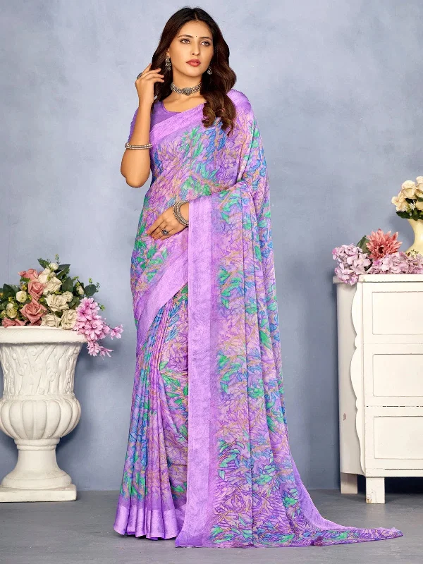 Saree Mall Women's Chiffon Lavendar Printed Designer Saree With Blouse Piece-CHERY27803A Pleated Collar Blouse Saree Mall Women's Chiffon Lavendar Printed Designer Saree With Blouse Piece-CHERY27803A Pleated Collar Blouse