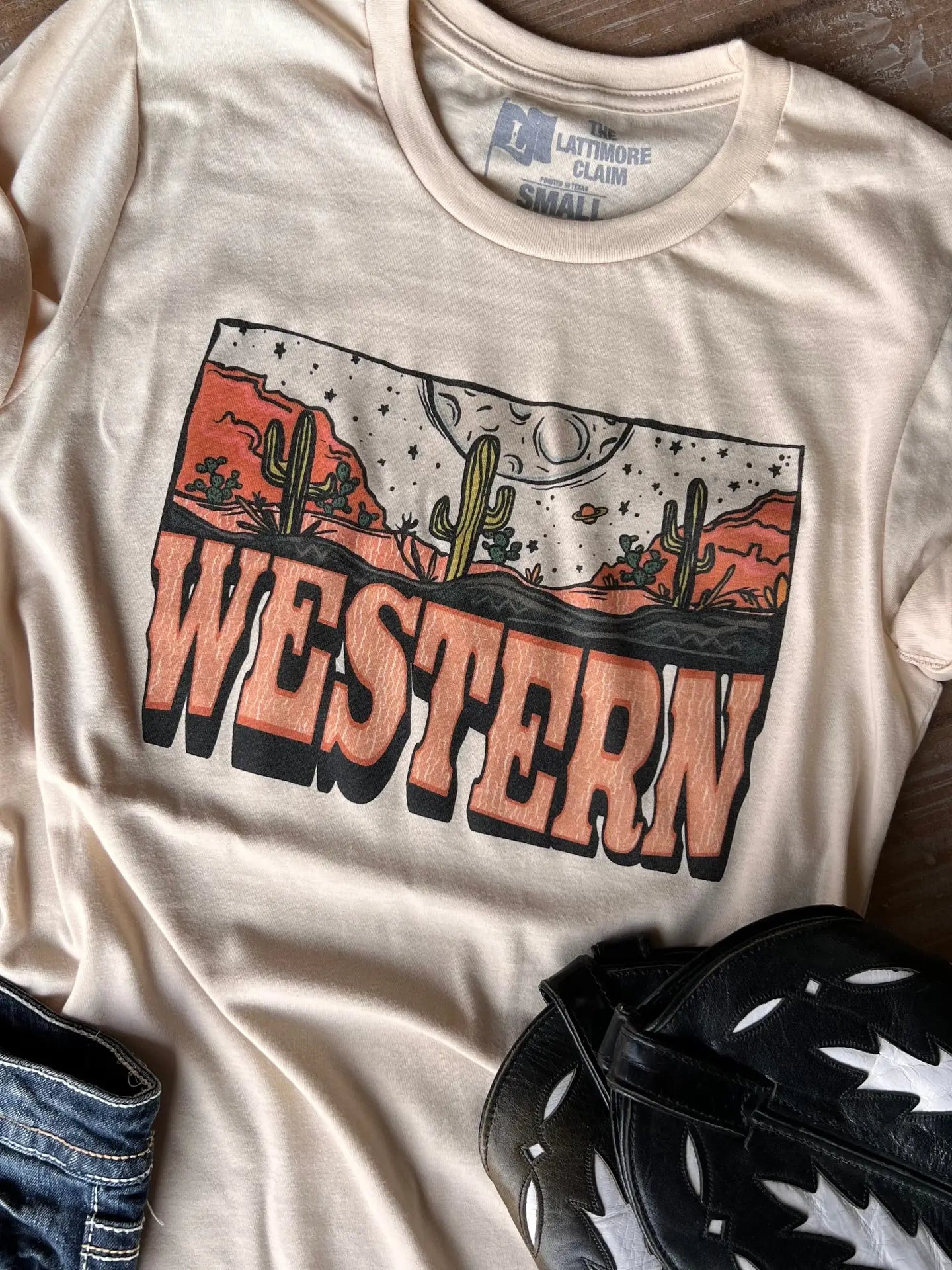 Western Moon Scene Graphic T-Shirt - Cream-- Spandex Blend Rayon Blend Denim Blend