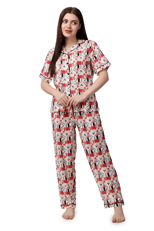 Gemetric Print Women Shirt & Pyjama Set – 100% Viscose-- Rayon Velvet Corduroy
