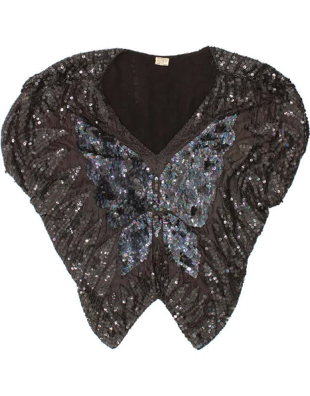 VINTAGE Womens Crop Batwing Blouse Top UK 12 Medium Black Animal Print Vintage Polka Blouse VINTAGE Womens Crop Batwing Blouse Top UK 12 Medium Black Animal Print Vintage Polka Blouse