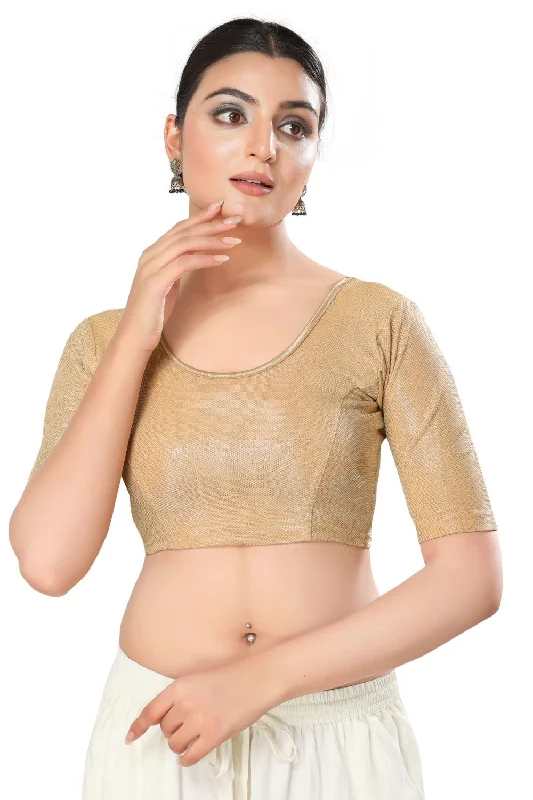 Rose Gold Polyester Solid Short Sleeves Blouse Chic Square Blouse