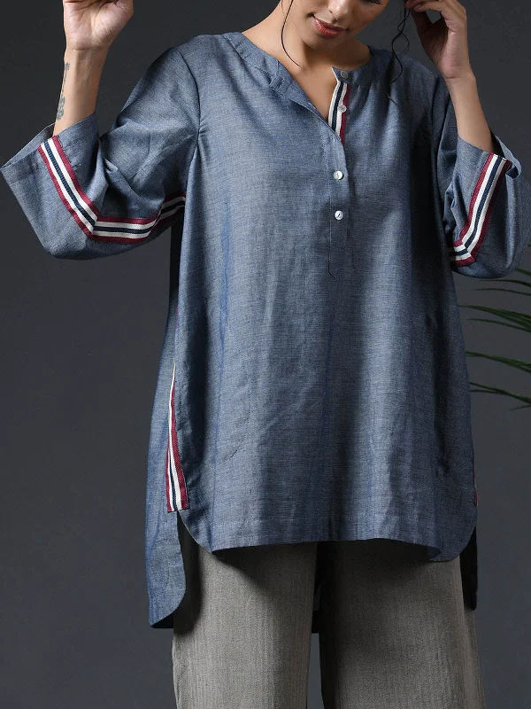 Chambray Tape Blouse Blue Sweetheart Neck Blouse