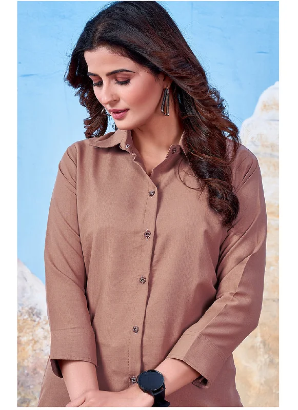 Brown Cotton Solid Collared Casual Shirt For Women-- Mesh Blend Leather Blend Suede Blend
